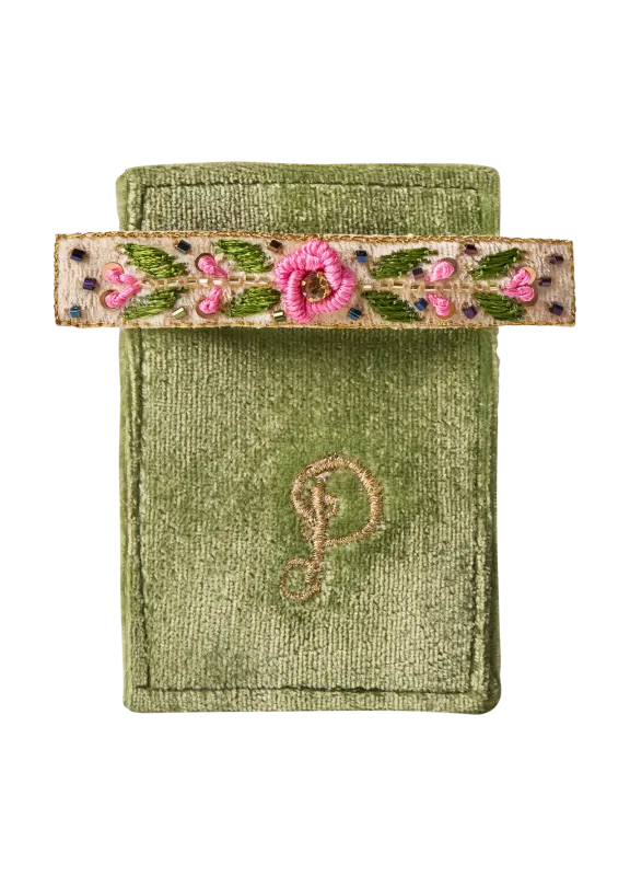 Powder Embroidered Barette Mint Floral Vine