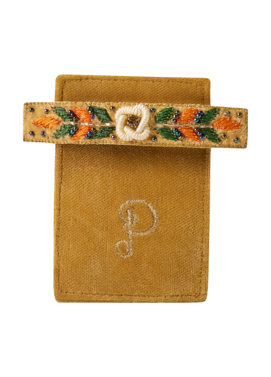 Powder Embroidered Barette Mustard Floral Vine