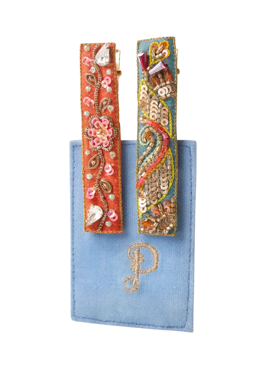 Powder Embroidered Hair Bars Tangerine Floral Vines/Teal