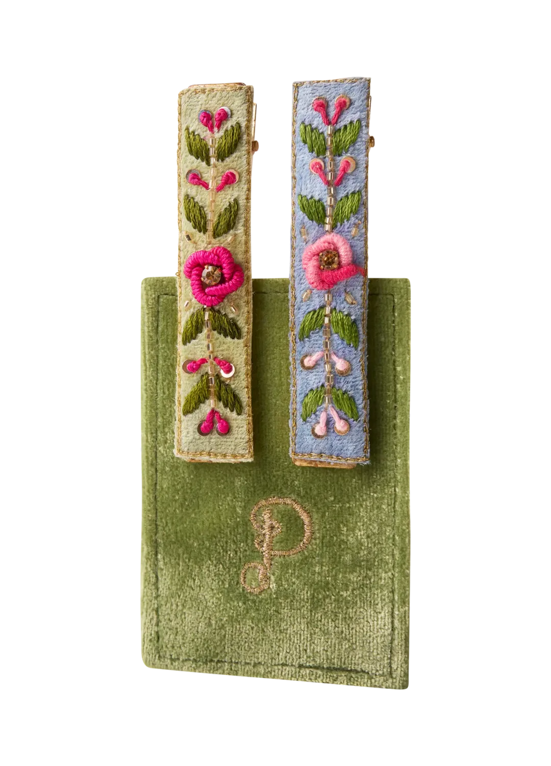 Powder Embroidered Hair Bars Mint/Cornflower Floral Vine