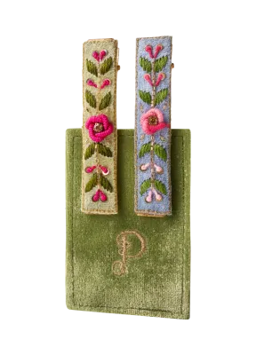 Powder Embroidered Hair Bars Mint/Cornflower Floral Vine