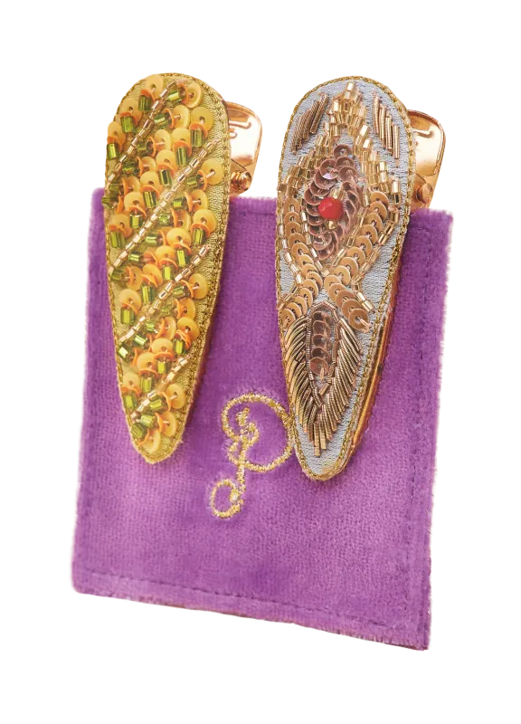 Powder Feather and Stripe Jewelled Hair Clips