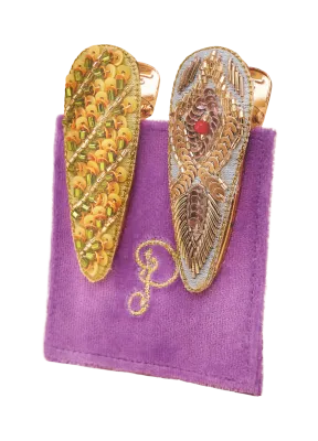 Powder Feather and Stripe Jewelled Hair Clips