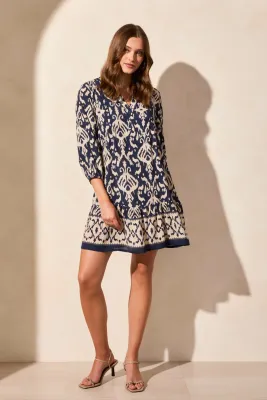 Tribal Jet Blue Border Print 3/4 Sleeve Dress
