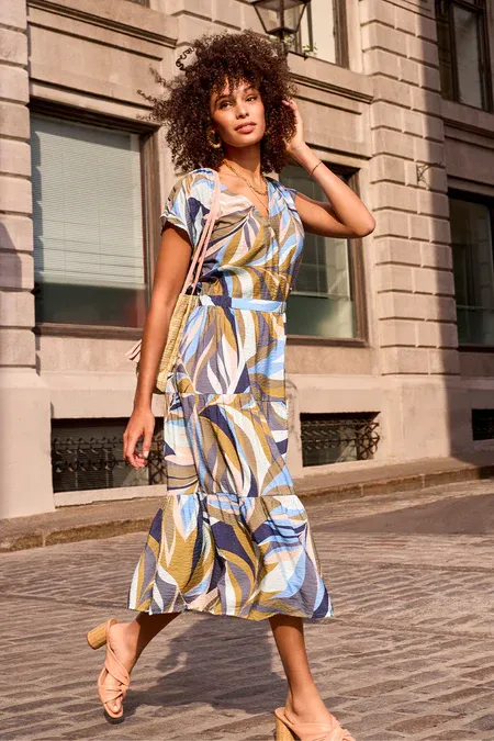 Tribal Loden Patterned VNeck Tiered Dress