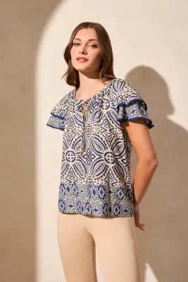Tribal Safari Blue Flutter Sleeve Blouse
