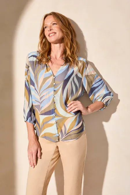 Tribal Green Moss Print 3/4 Sleeve Blouse