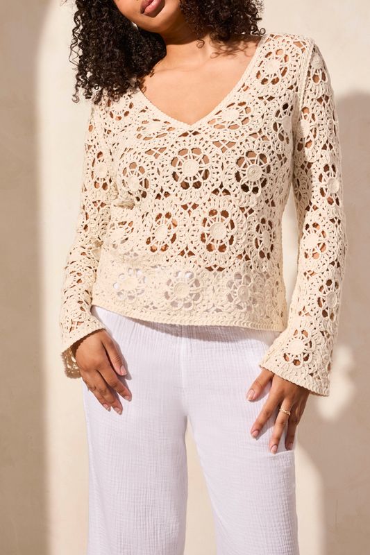 Tribal Open Fancy Crochet V-Neck Bell Sleeve