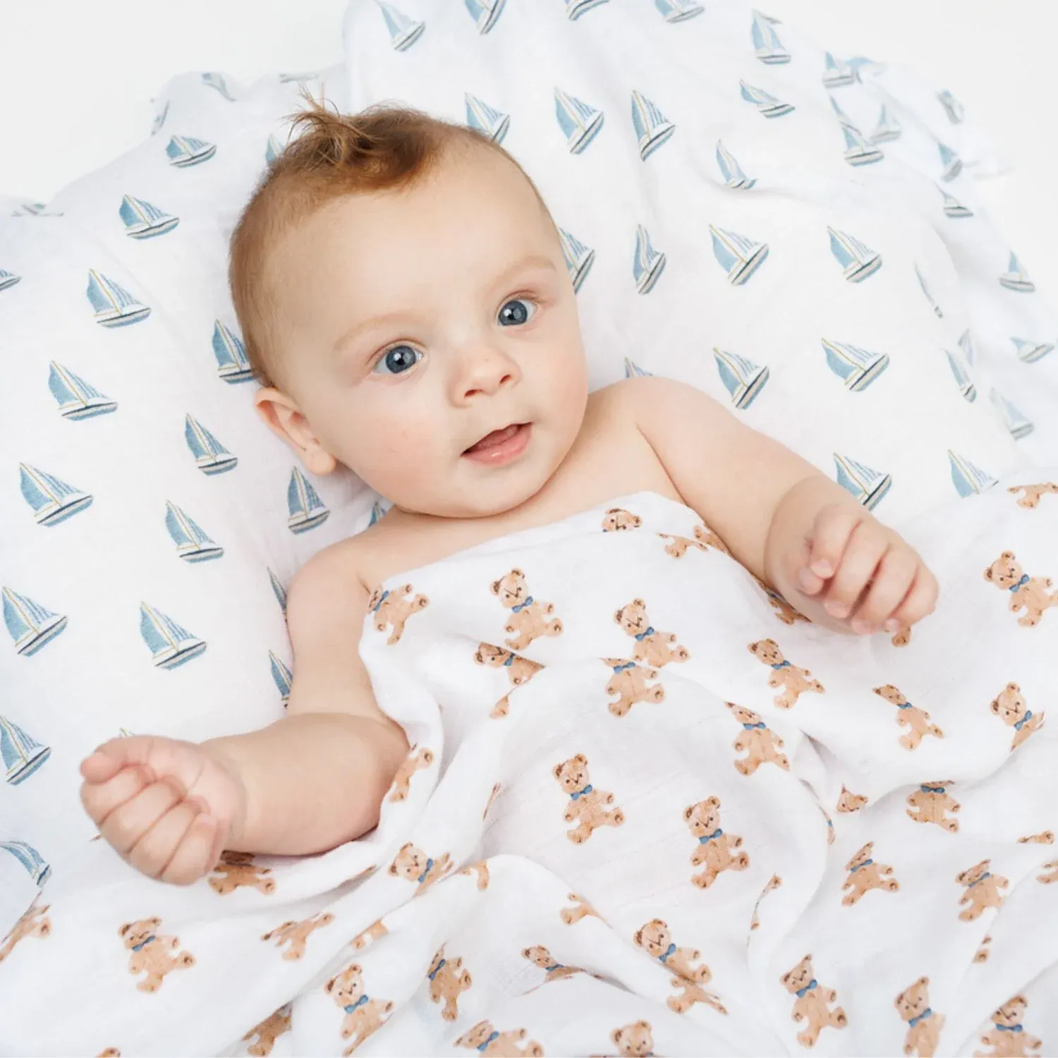 Lulujo 2Pack Cotton Muslin Blankets Vintage Teddy &amp; Sailboats