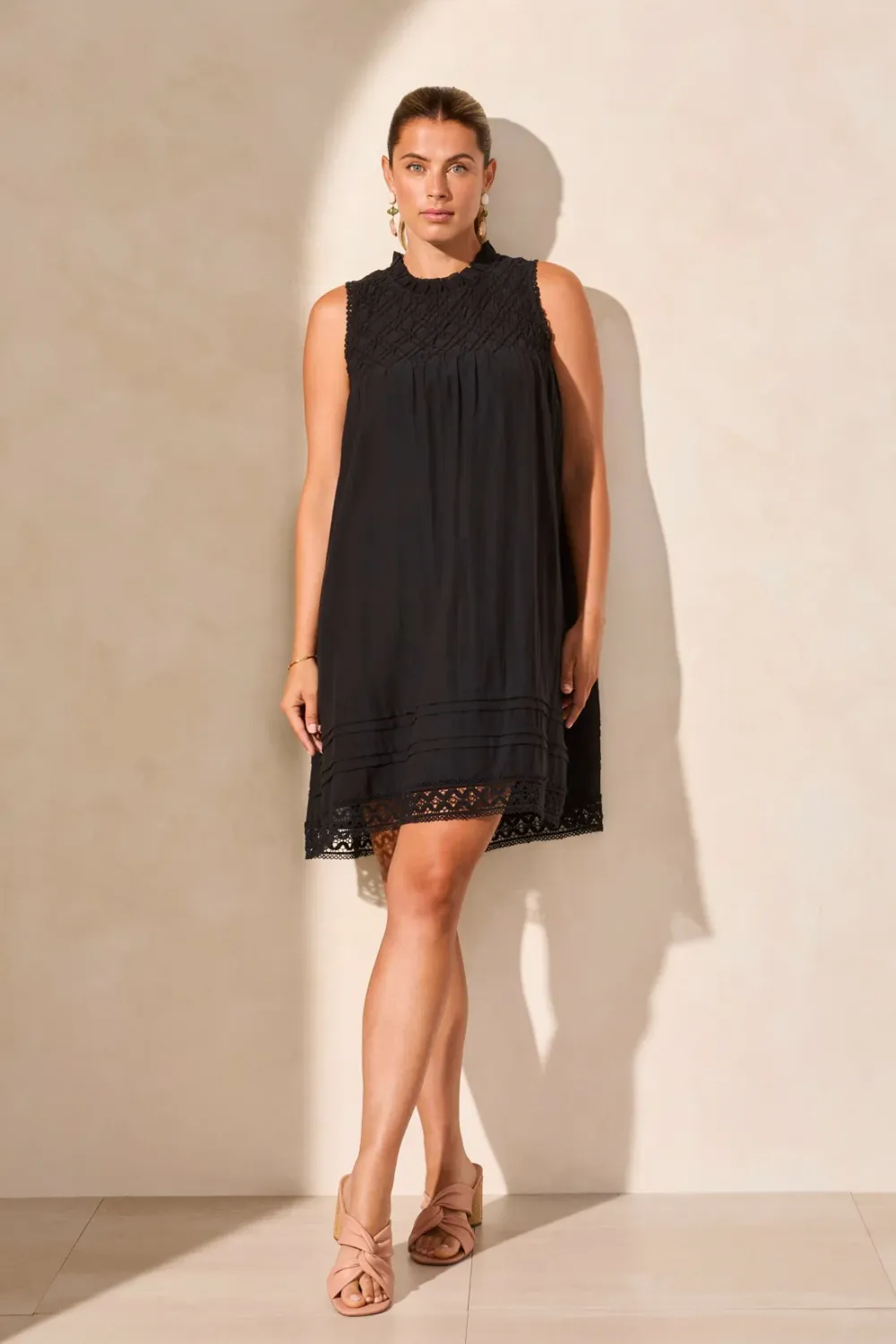 Tribal Poplin Black Sleeveless Lined Dress