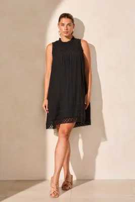 Tribal Poplin Black Sleeveless Lined Dress