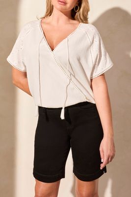 Tribal Raglan Crew Neck White VNeck Top