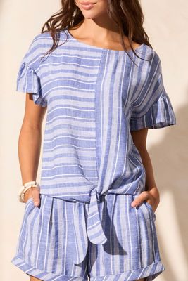Tribal Calypso Blue Tie Front Blouse