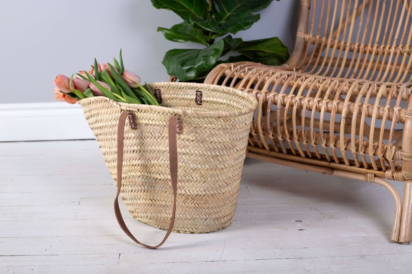 BBL Leather Strap Straw Market Bag