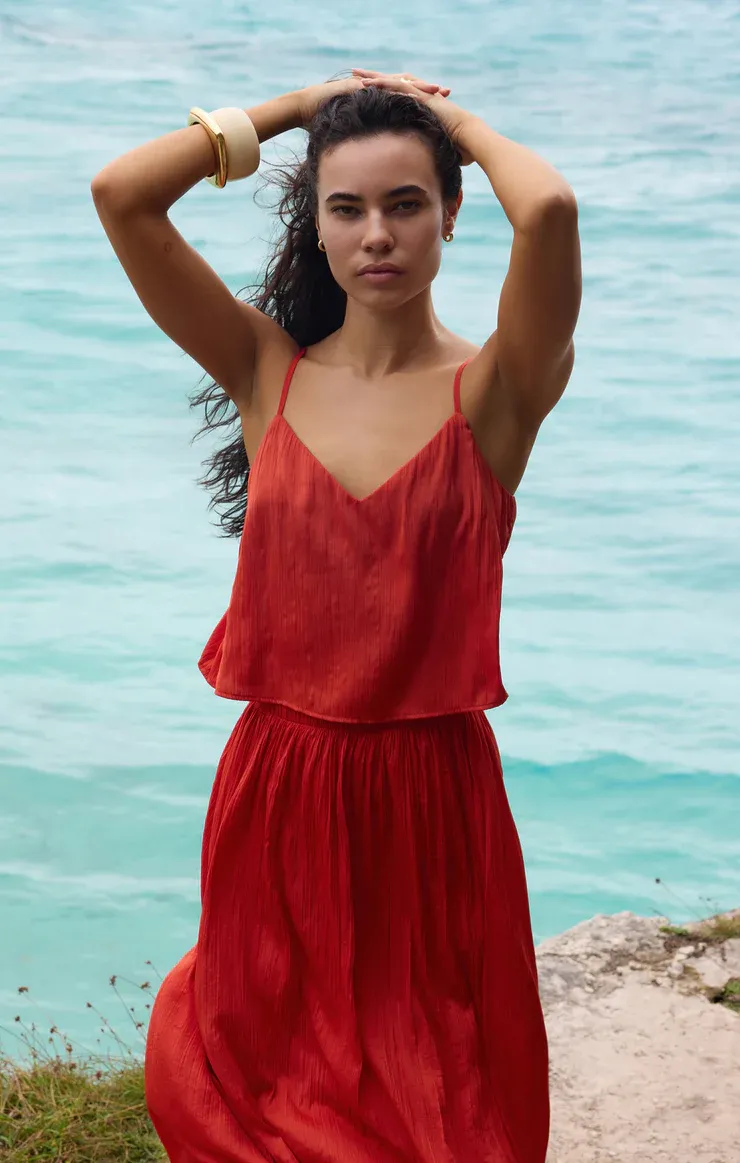 Z Supply Fiore Crinkle Satin Tank Cabana Red