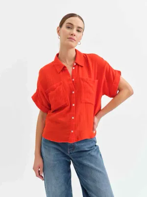 Daze Kate Short Sleeve Button Up Bright Coral
