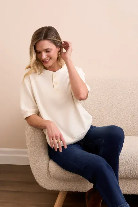 Tribal Elbow Sleeve Crew Neck with Buttons