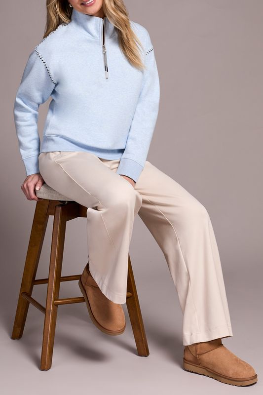 Tribal Zip Funnel Neck Top with Stitching Chambray