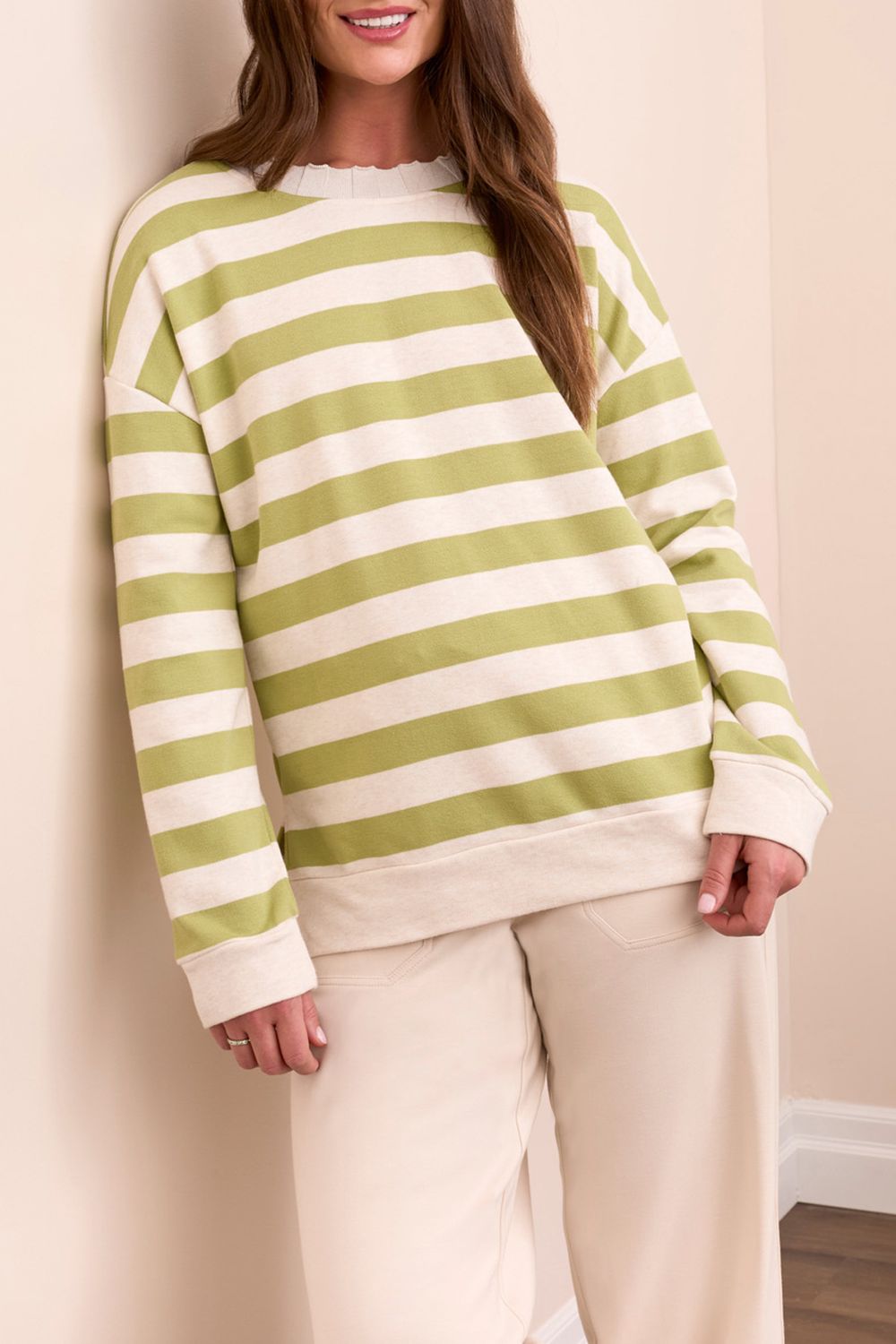 Tribal Crew Neck Rib Detail Top Wasabi