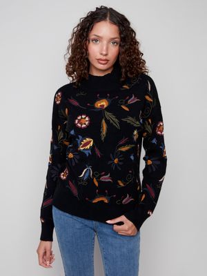 Charlie B All Over Embroidered Mock Neck Sweater