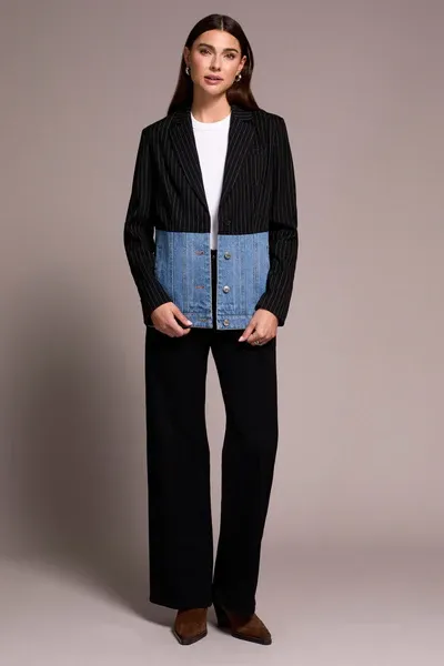 Tribal Mixed Media Pin Stripe &amp; Denim Blazer