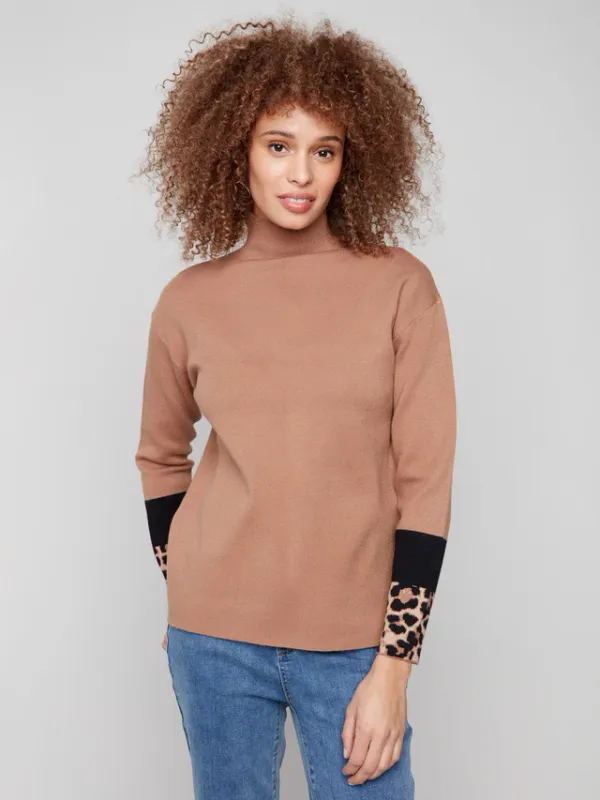Charlie B Mock Neck Sweater Contrast Sleeve Truffe
