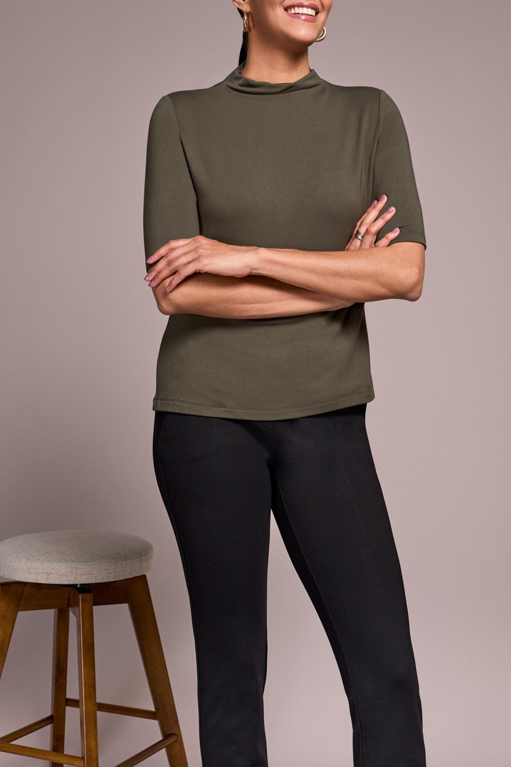 Tribal Funnel Neck Elbow Sleeve Knit Top