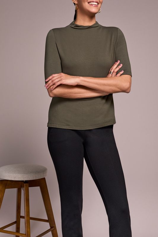 Tribal Funnel Neck Elbow Sleeve Knit Top