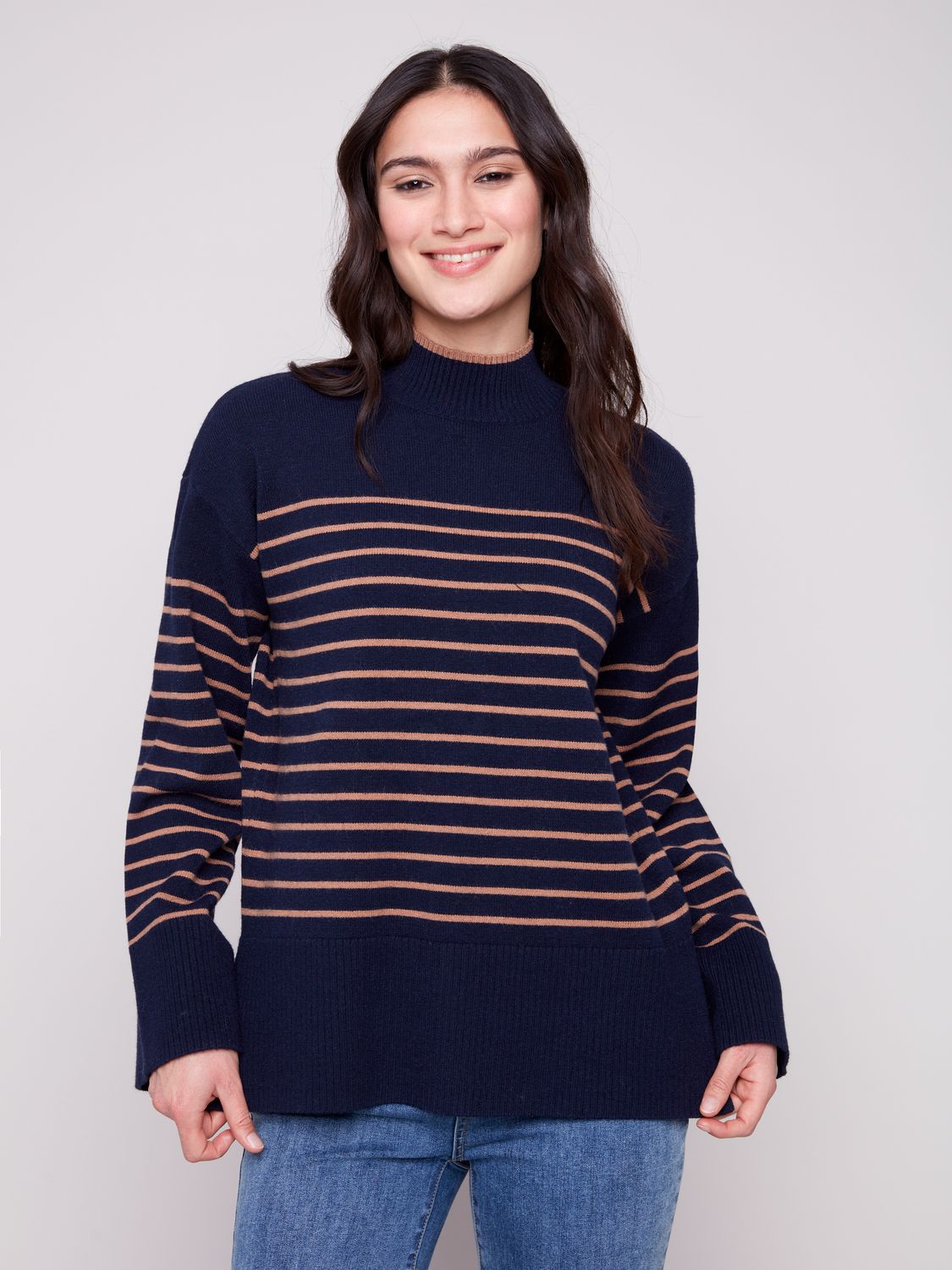 Charlie B Striped Mock Neck Sweater Navy
