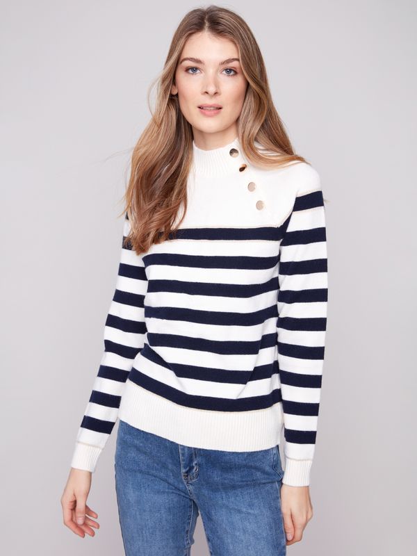 Charlie B Raglan Mock Neck Striped Sweater Off Whi