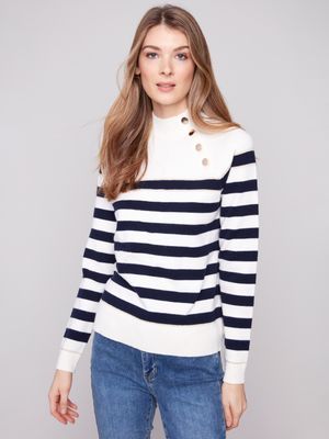 Charlie B Raglan Mock Neck Striped Sweater Off White