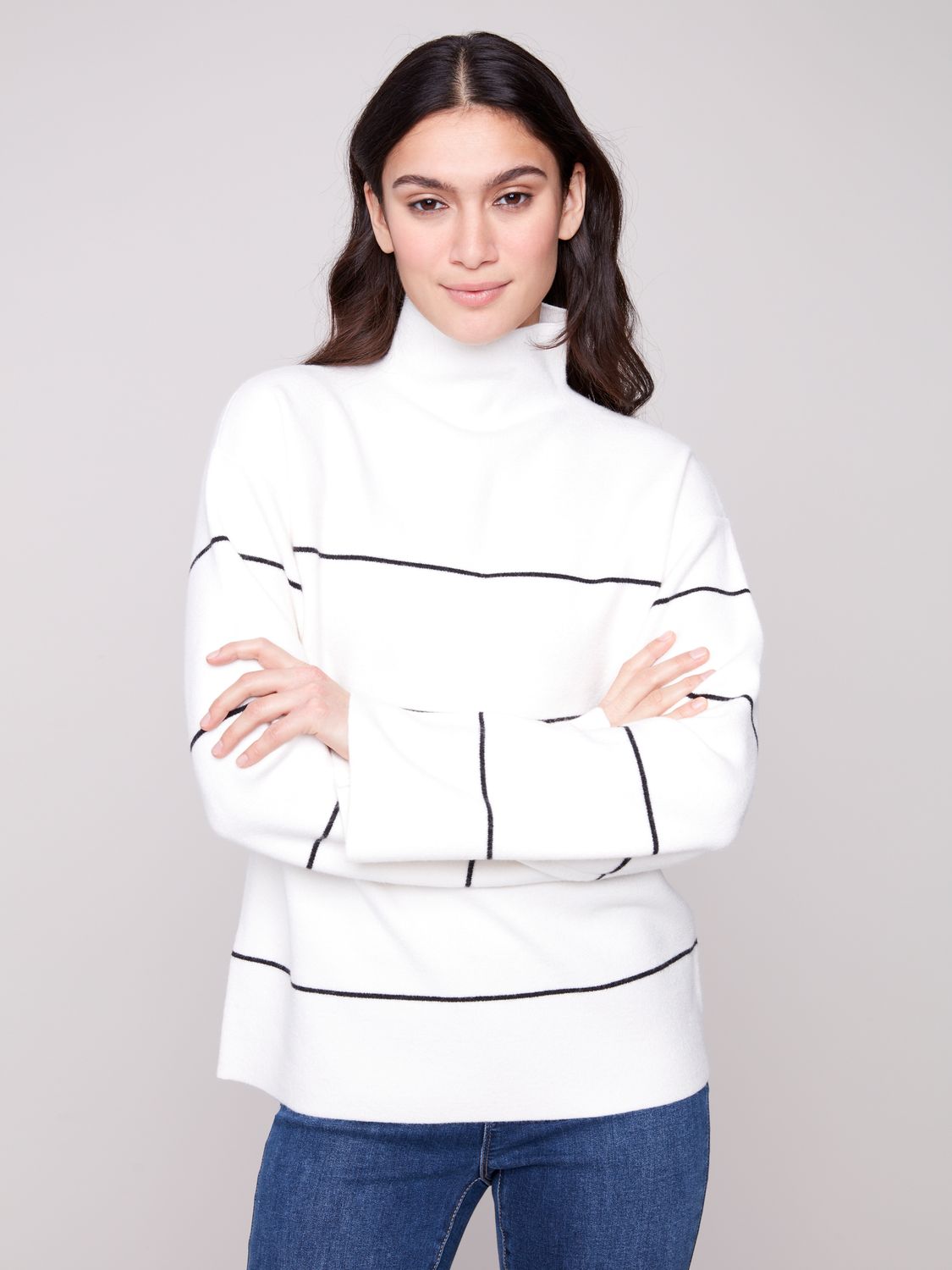 Charlie B Striped Funnel Neck Sweater Ecru Charlie B Striped Funnel Neck Sweater Ecru