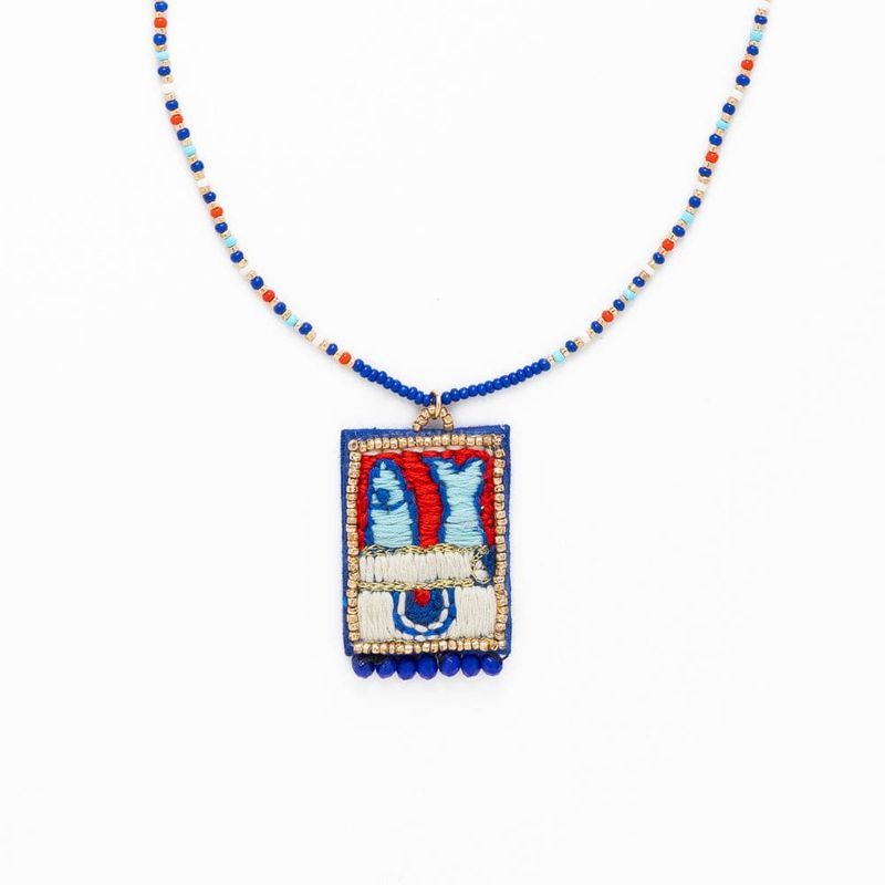 Ink + Alloy Robin Beaded Necklace with Embroidered Sardines