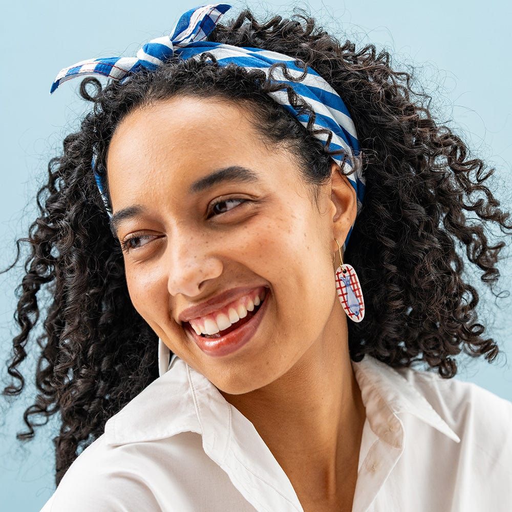 Ink + Alloy Danielle Oval Ceramic Earring with Fish and Red Plaid Ink + Alloy Danielle Oval Ceramic Earring with Fish and Red Plaid