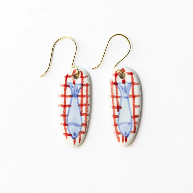 Ink + Alloy Danielle Oval Ceramic Earring with Fish and Red Plaid