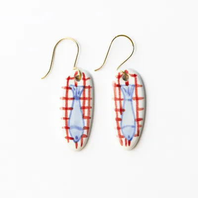 Ink + Alloy Danielle Oval Ceramic Earring with Fish and Red Plaid