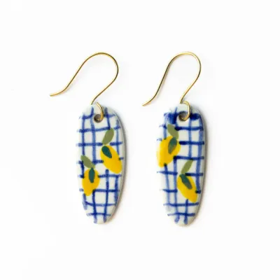 Ink + Alloy Danielle Oval Ceramic Earring with Lemons and Blue Plaid