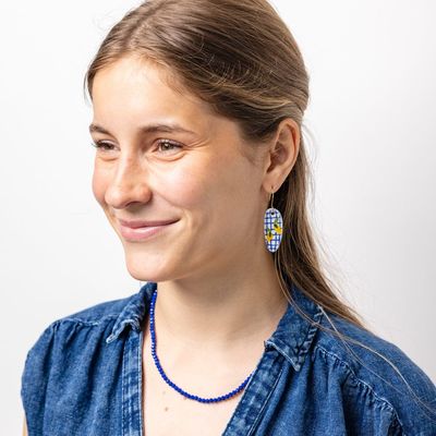 Ink + Alloy Danielle Oval Ceramic Earring with Lemons and Blue Plaid