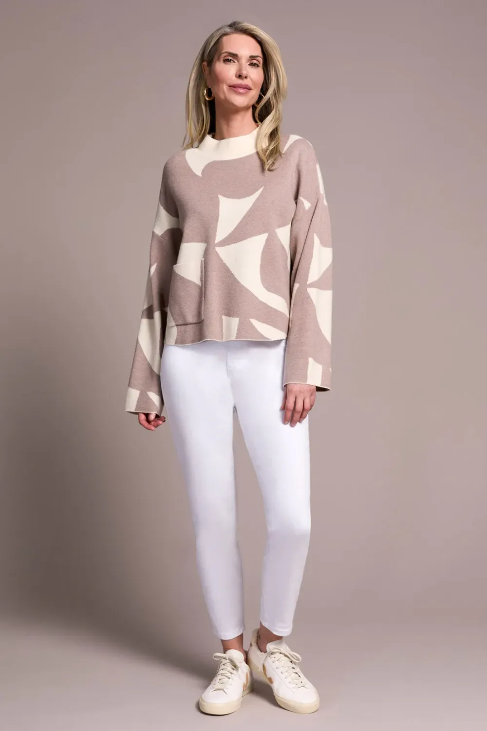 Tribal Mock Neck Sweater Pocket Heather Sandstone