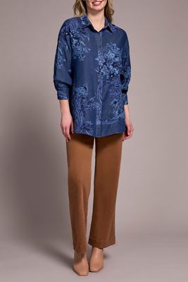 Tribal Printed Loose Fit Chambray Blouse 