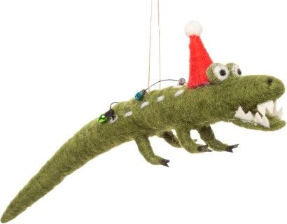 Silver Tree Felt Alligator Ornament with Santa Hat