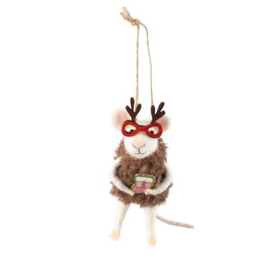 Silver Tree Felt Mouse Ornament With Red Antler Sunglasses Holding Stocking