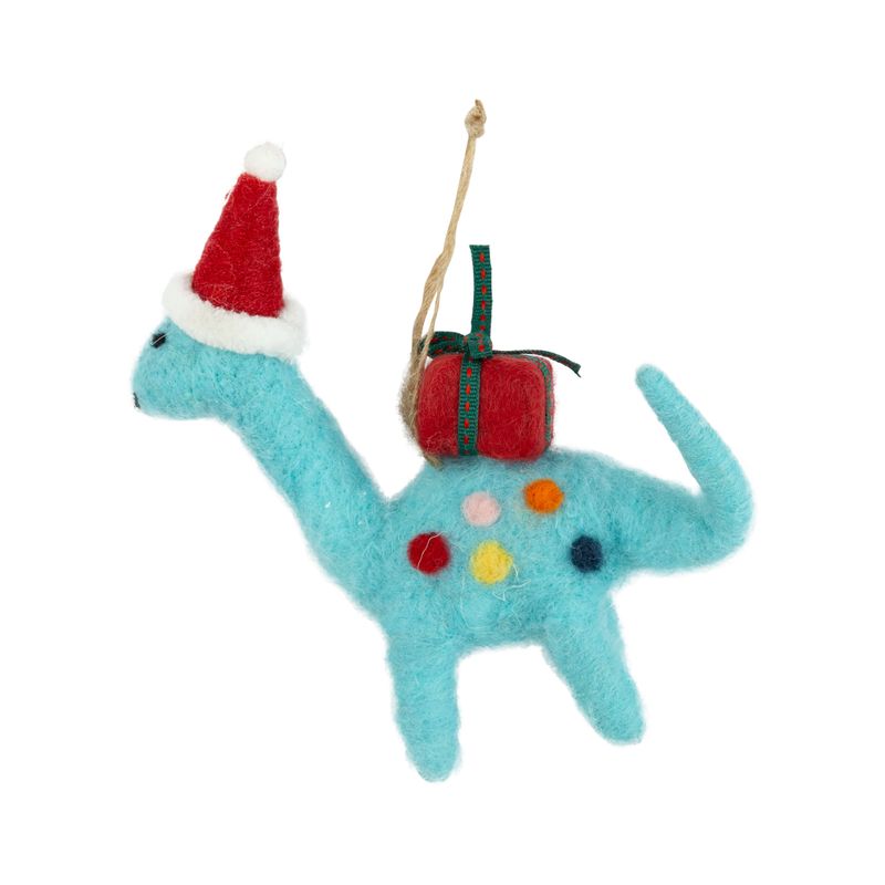 Silver Tree Felt Dinosaur Blue with Gift and Santa Hat Ornament