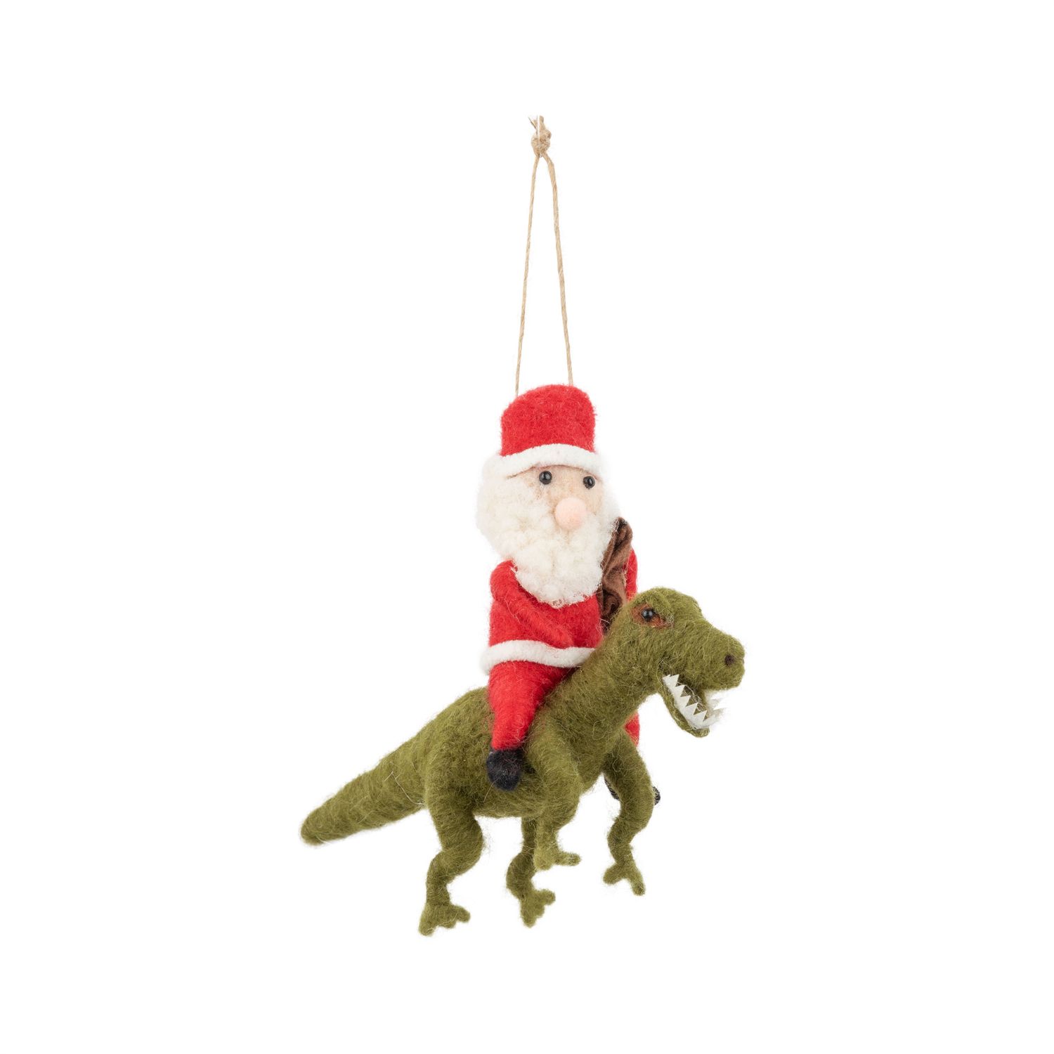 Silver Tree Felt Santa Riding a Green Felt Dinosaur Ornament