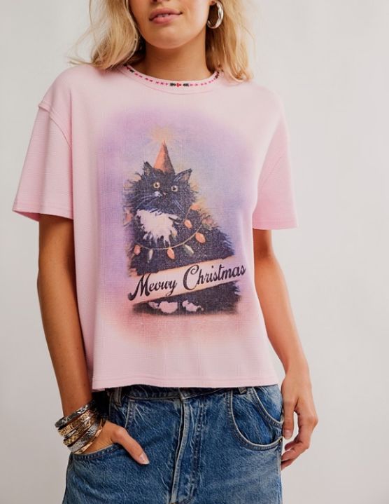 Free People Merry Meowy Tee Pink Combo