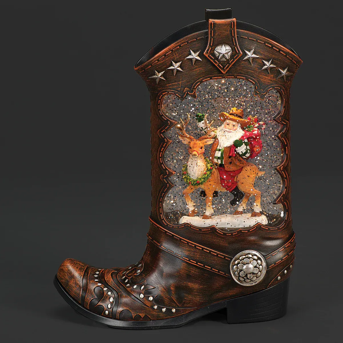 Confetti Lites Lighted Swirl Boot Santa Riding Deer 10" Confetti Lites Lighted Swirl Boot Santa Riding Deer 10"