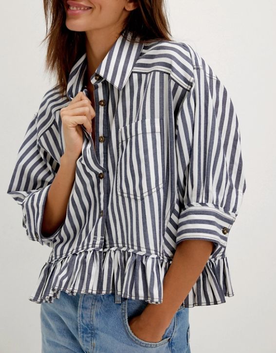 Free People Bailey Stripe Shirt Nautical Navy Comb