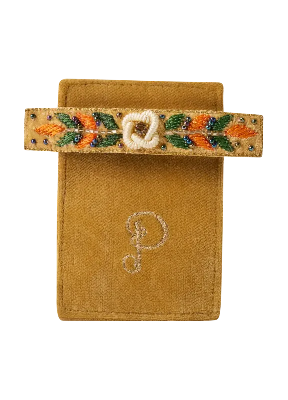 Powder Embroidered Barette Mustard Floral Vine