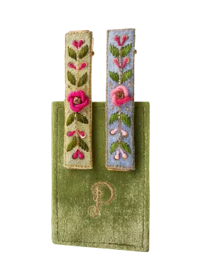 Powder Embroidered Hair Bars Mint/Cornflower Floral Vine Powder Embroidered Hair Bars Mint/Cornflower Floral Vine