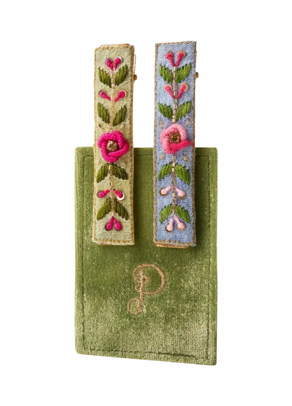 Powder Embroidered Hair Bars Mint/Cornflower Floral Vine